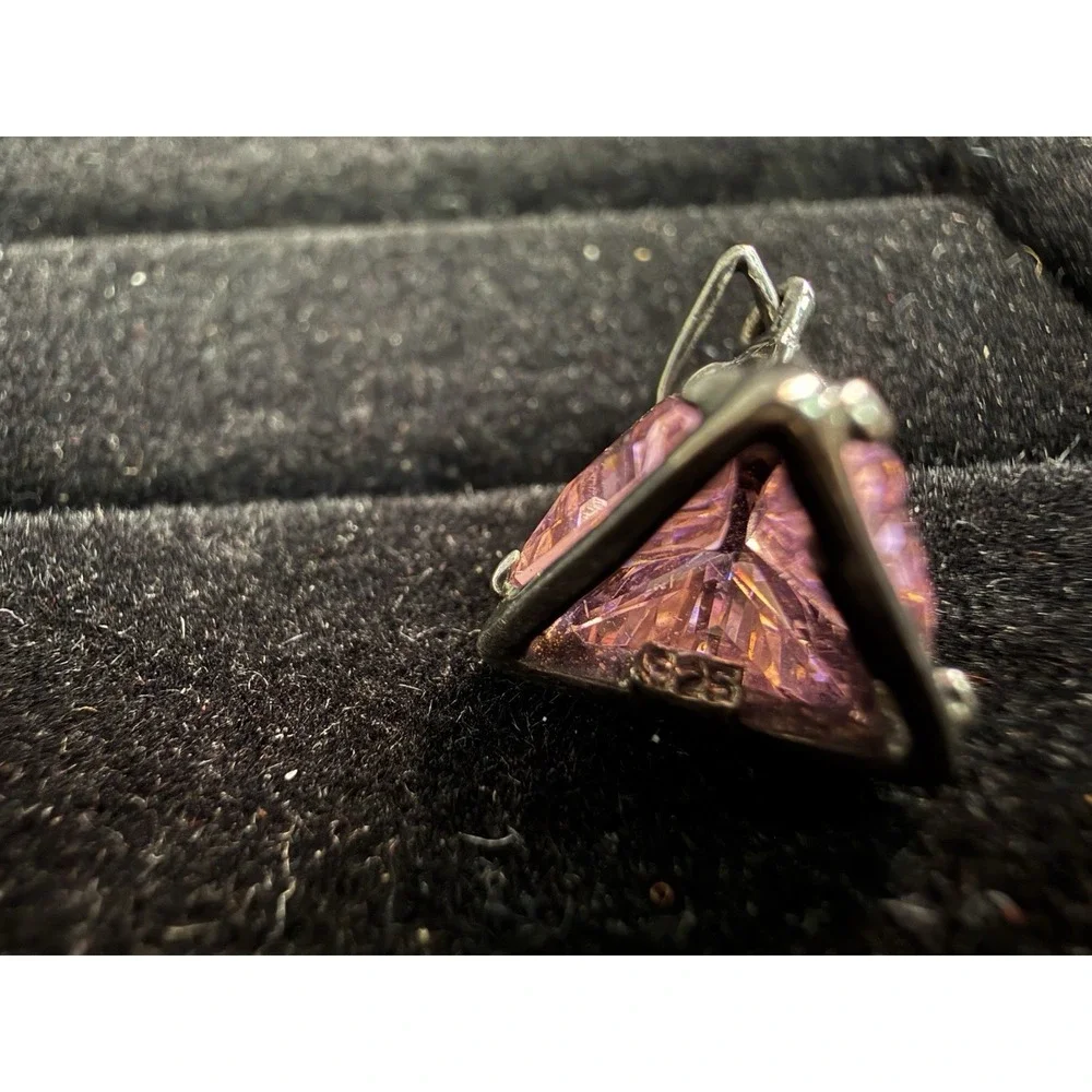 925 Marked HAN Triangle Pendant Pink Stone 3D Sterling Silver